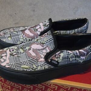 Vans Women's Floral Checkered Slip-On Sneakers - Black, Pink, and Green